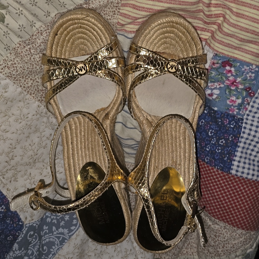 Michael Kors gold open toe espadrille wedge sandals